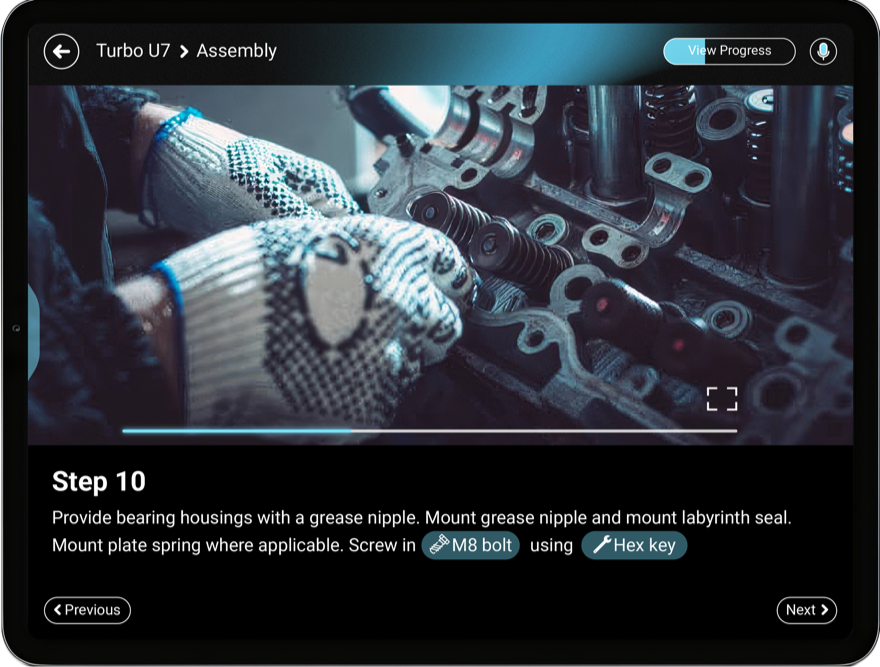 Kiekens, Turbo U7, assembly step 10 on a tablet: the step names the part and the tool