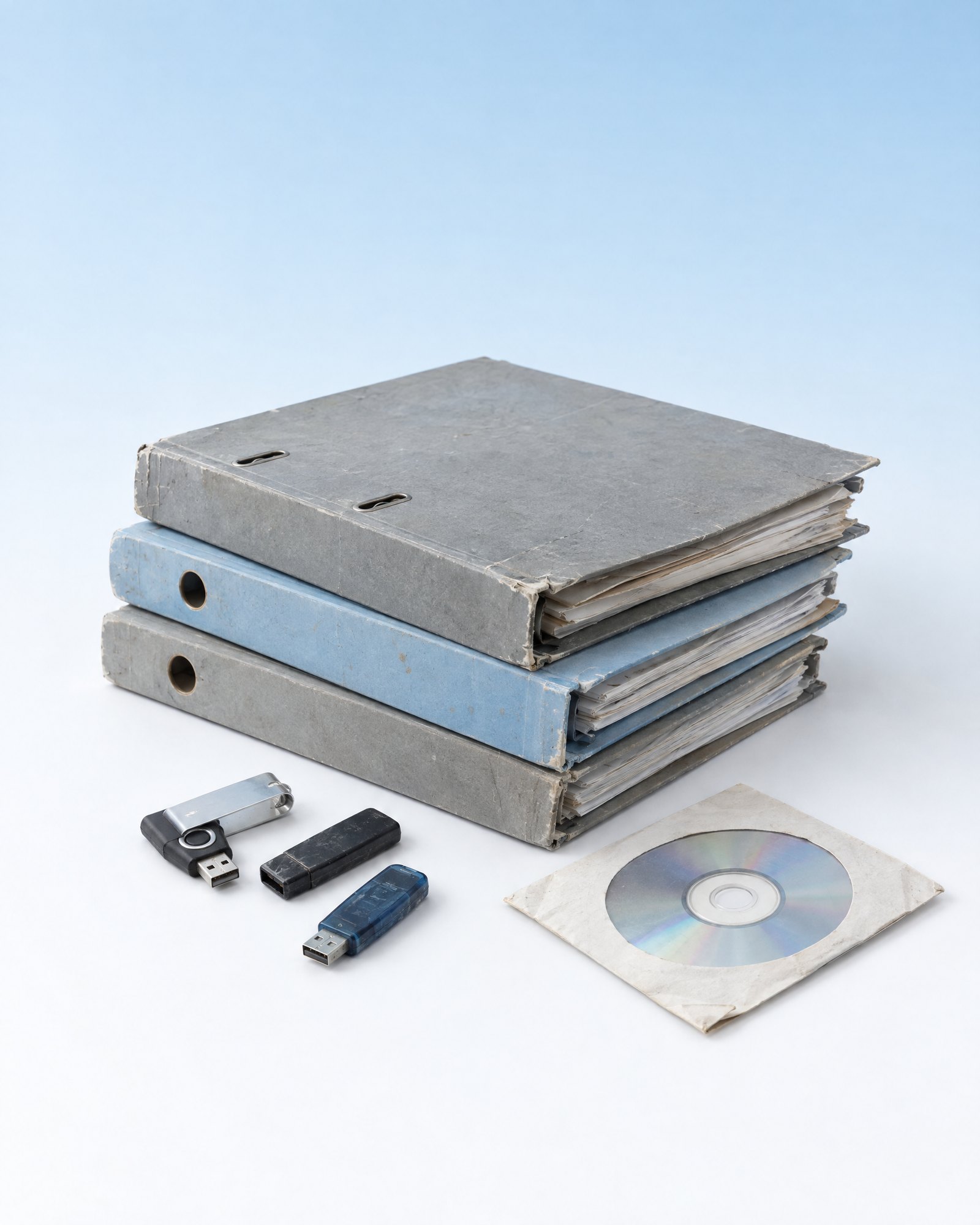 Three worn binders, three USB sticks and a disc in a paper sleeve