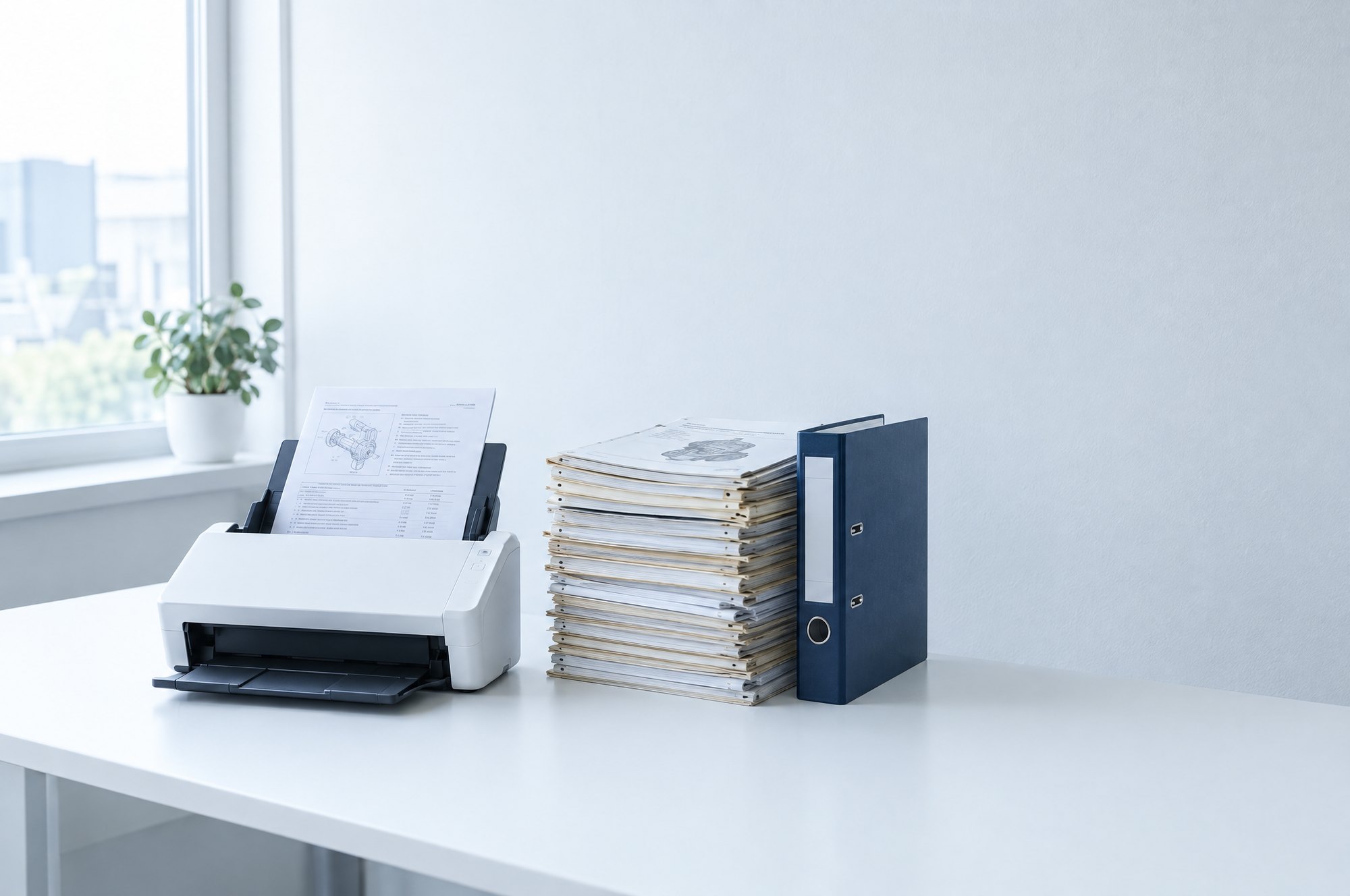 A document scanner on a desk, a printed manual in its feeder, beside a stack of manuals and a binder