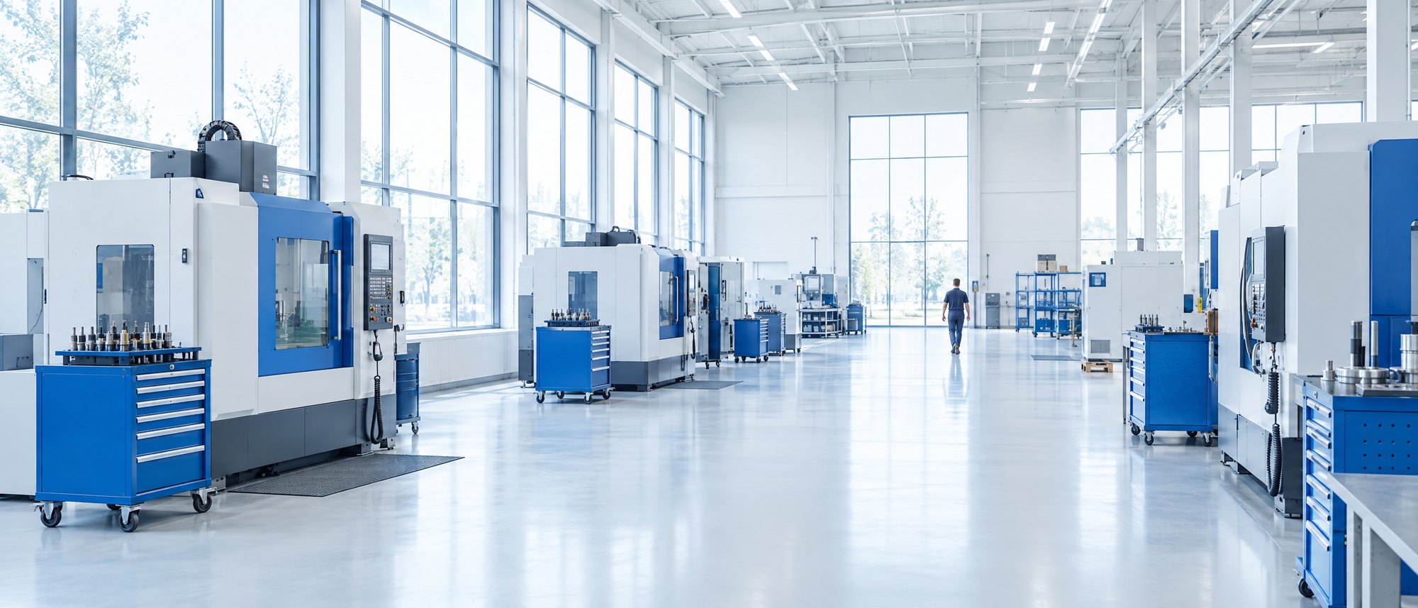 A bright production hall with machines along both sides